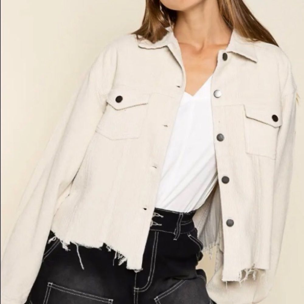 POL Clothing Distressed Corduroy Trucker Jacket Cream Size M